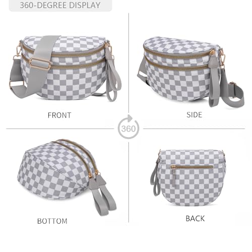 Pure Colour Crossbody Bum Bags for Women Spacious Checkered Cross body Bag Nylon Trendy Fanny Pack for Travel - color: Light Grey Checkered