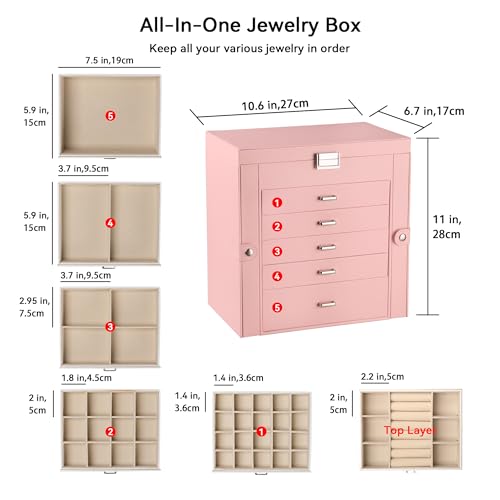 Frebeauty Large Jewelry Box,6-Tier PU Leather Jewelry Organizer,Multi-functional Storage Case with Mirror,Accessories Holder with 5 Drawers for Necklace Bracelets Watches(Pink) - color: Pink, size: Large