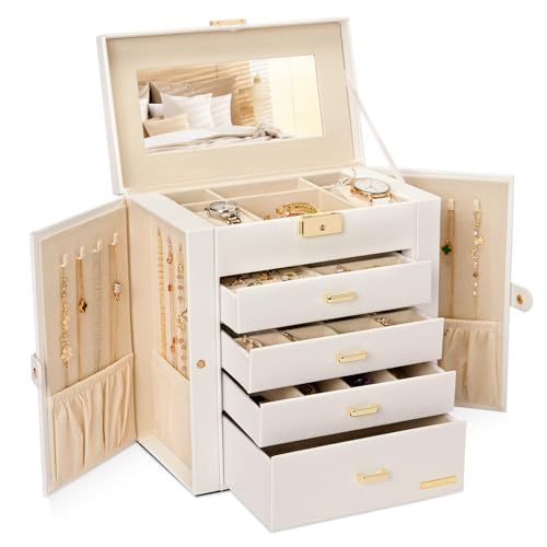 Homde Synthetic Leather Huge Jewelry Box Mirrored Watch Organizer Necklace Ring Earring Storage Lockable Gift Case (White + Gold) - color: White + Gold