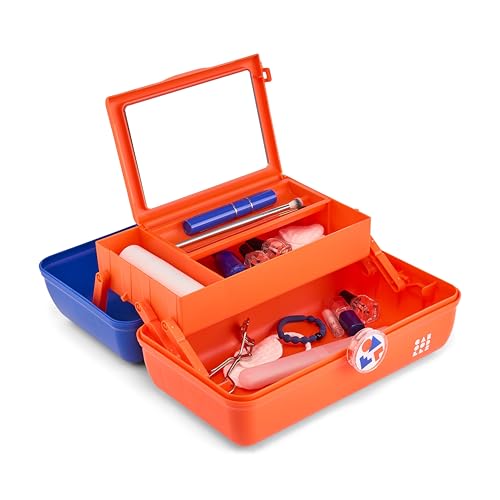 Caboodles School Spirit On-The-Go Girl Makeup Box, Blue Over Orange, Hard Plastic Makeup Organizer Box, Built-In Mirror, Secure Latch for Safe Travel, Spacious Storage for Large Items - color: Blue Orange School Spirit