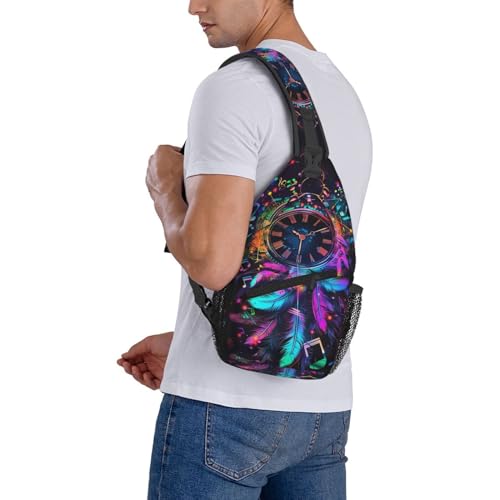 Dream Clock With Dream Catcher Sling Backpack Chest Bag Crossbody Shoulder Bag Gym Cycling Travel Hiking Daypack For Men Women - color: Dream Clock With Dream Catcher
