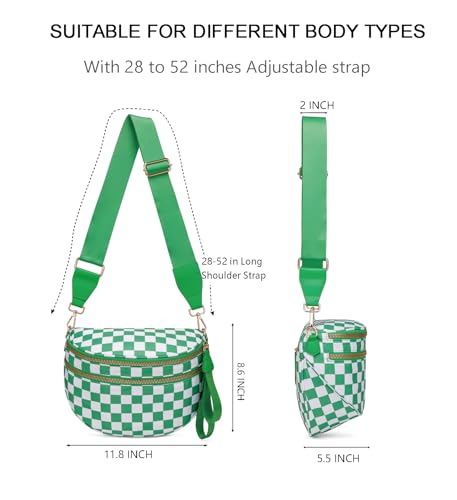 Pure Colour Crossbody Bum Bags for Women Spacious Checkered Cross body Bag Nylon Trendy Fanny Pack for Travel - color: Green Checkered