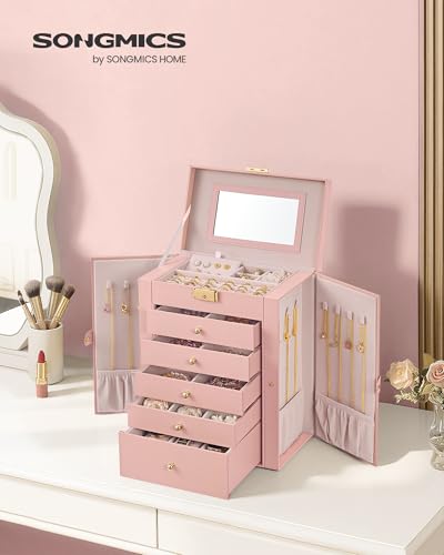 SONGMICS 6-Layer Jewelry Box Organizer with 5 Drawers, Jewelry Storage Case with Lock and Mirror, Large Storage Capacity, Gift for Loved Ones, for Necklaces, Watches, Jelly Pink UJBC152SA02S - color: Jelly Pink, size: 6 Tier