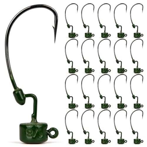 20Pack Weedless Ned Rig Jig Heads with Molded Bait Keeper System – Mushroom Head for Weedless Finesse Bass Fishing 1/16 1/8 3/16 1/4oz - color: Green Pumpkin, size: 1/4oz - 1/0 - 20Pack