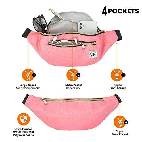 Vibe Festival Gear Rave Fanny Pack for Women Men – Festival, 4 Pockets, Adjustable Strap, Cute Waist Bag, Crossbody Belt Bag, Hiking, Running, Cycling - color: Pink, size: Fits Most