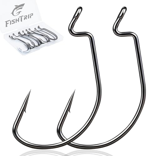 FishTrip 50/100/120pcs EWG Hooks for Bass Fishing Hooks, Extra Wide Gap Offset Worm Hook Texas Rig Fish Hooks for Bass Trout Freshwater Saltwater #4 #2 #1 1/0 2/0 3/0 4/0 5/0 - size: 5/0_100pcs