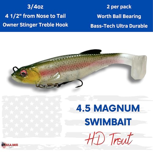 USA Bass Tackle Magnum Swimbait - Paddle Tail Swimbaits Pre Rigged Fishing Lures Premium Lure with Strong Owner Hook, Magdraft Style Bait for Giant Freshwater Predator Fish - color: HD Trout
