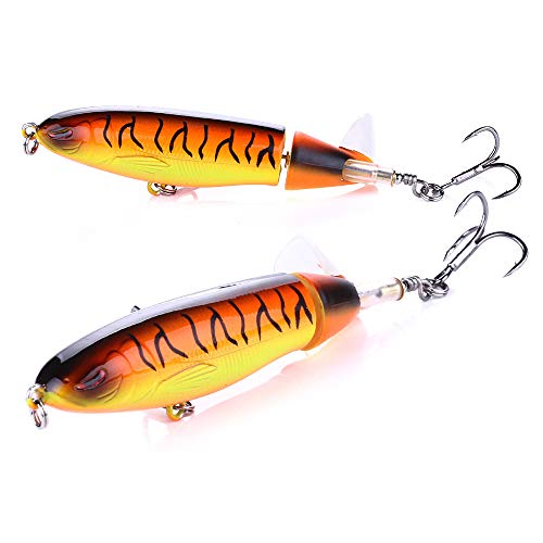 Topwater Fishing Lures With Storage Box, Whopper Popper for Bass, Catfish, Pike, Perch - Floating Pencil Bait With Rotating Tail for Freshwater or Saltwater - color: Yellow