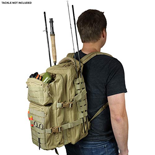OSAGE RIVER MOLLE Fishing Backpack with Rod Holder - 600D Large Tackle Bag for Trays and Fishing Accessories - Tactical Backpack for Camping, Traveling, Hunting - Khaki - color: Khaki