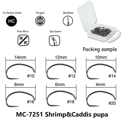Maxcatch 100pcs Barbless Fly Fishing Hooks for Fly Tying Dry Nymph Wet Shrimp Jig Hook with Mini Box - color: Shrimp&Caddis Pupa Hook(Barbless) 7251, size: #12-100pcs