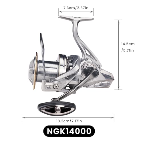 HAUT TON Spinning Reel 8000/9000/10000/12000/14000,6+1BB Metal Surf Fishing Reels,4.8:1 Gear Ratio 55lbs Drag Heavy Long Casting Inshore Saltwater Monster Fish - size: 14000, style: Ht-ngk