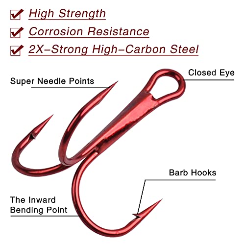 Fishing Treble Hooks Triple Fishing Hooks High Carbon Steel Barbed Sharp Round Bend Treble Hooks Replacement for Hard Lures Bait - color: Red, size: 4#-50pcs