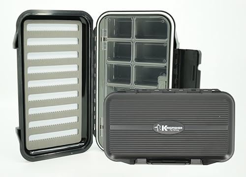 Kingfisher Large Waterproof 12 Compartment and Foam Fly Fishing Box - color: Black