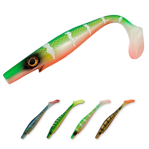 Thump Shad Paddle Tail Swimbait, 6" Soft Lures for Bass, Extra Weight Heavy Kicking Tail for Jig Head & Weighted Swimbait Hook, 3 Pack - color: Pearl Chartreuse Orange