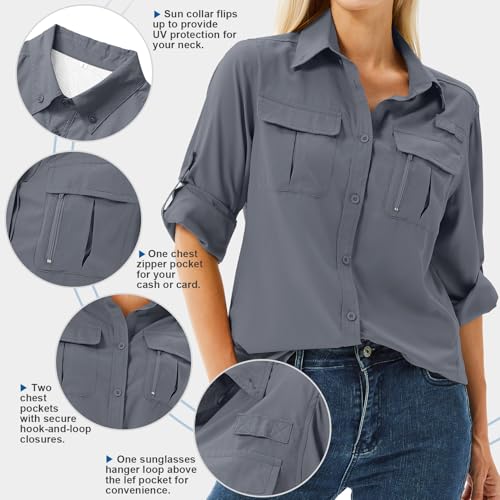 Women's UPF 50 Long Sleeve Sun Protection Shirts Safari Fishing Hiking - color: Dark Grey, size: Small