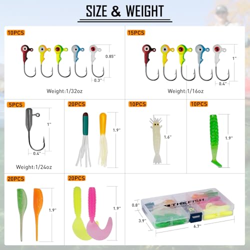 THKFISH Crappie Lures Jigs Heads Kit, 95pcs Soft Plastic Baits Fishing Lures and Tube Jigs Heads for Trout Panfish & Bass Fishing