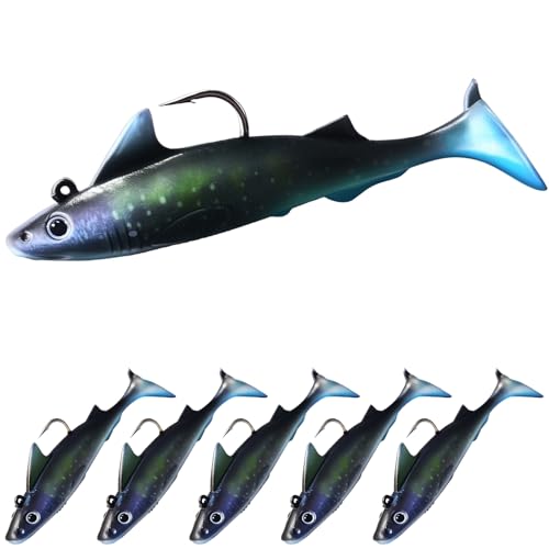 Pristis 6 pcs Sharkita Jig Head Soft Fishing Lures, Plastic Pre-Rigged Paddle Tail Shark Shad Swimbaits, Durable Sinking Worm Bait Set Gear Kit for Saltwater Freshwater Bass Crappie Walleye Trout - color: Whale Shark