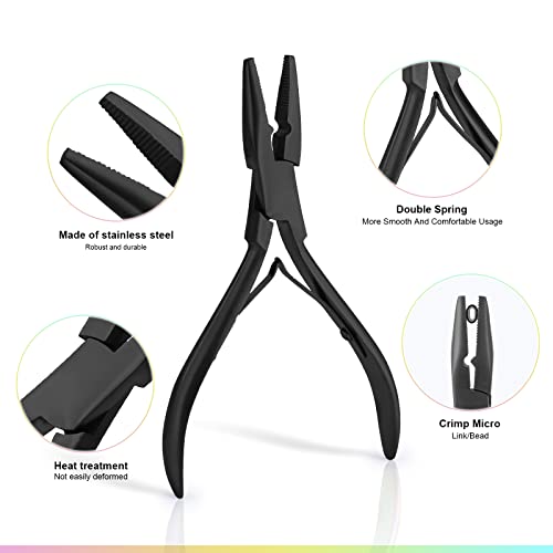 EHDIS Hair Extension Beading Tool Kit Stainless Steel Hair Extensions Micro link Bead Closer and Remover Pliers set, Beads Hair Pulling Hook & Micro Ring Loop Tool Set (Black) - color: Black
