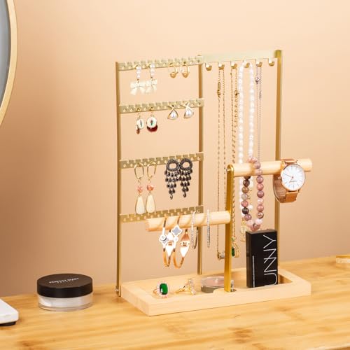 Jewelry Organizer Stand, Jewelry Holder, Lengnoy 4 Tier Earring Holder with 48 Holes and 6 Hooks Necklace Organizer Wood Box for Necklace Bracelet Earring Ring, Gold - color: Gold, size: 11 IN