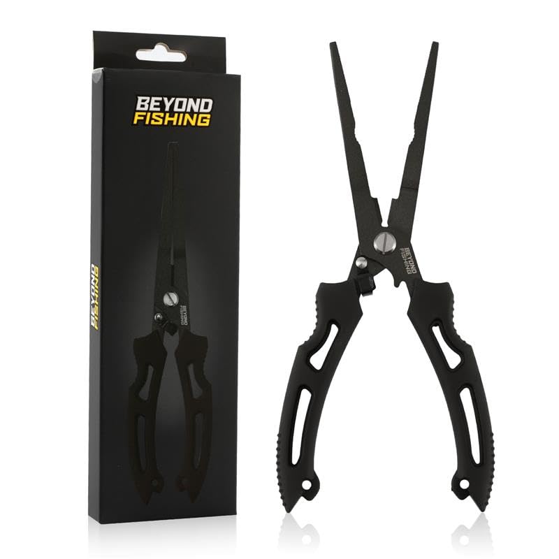 Beyond Fishing QuickRig Fishing Pliers – Multifunction Stainless Steel Split Ring Pliers for Fishing with Line Cutter & Crimper – Corrosion Resistant & Spring Loaded Design - color: 8.5" Long Nose - Black