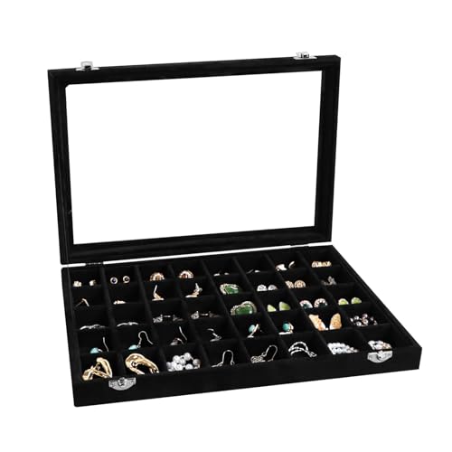 Wudygirl 40 Grid Jewelry Organizer Tray for Earrings Rings Bracelets Storage Necklaces Display Large Jewelry Box with Clear Lid Multiple Compartments Drawer Organization (Black Velvet) - color: Black, size: 40 Grid