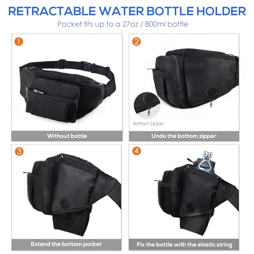 NOOLA Fanny Pack Waist Bag for Men Women, Lightweight Waist Pack with Water Bottle Holder, Adjustable Belt Bag with Multi-Pockets for Hiking, Dog Walking, Outdoor, Cycling, Running, Travel, Black - color: Black