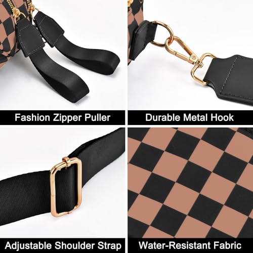 Checkered Nylon Crossbody Bag Bum Bag for Women Mom Large Checkered Fanny Packs with Adjustable Strap - color: Khaki Checkered