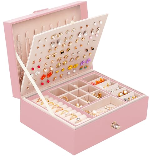 QBestry Girls Jewelry Box Earring Holder Organizer for Girls Earring Organizer Teen Jewelry Box Organizer for Girl Pink jewelry Boxes for Earrings Necklaces Rings Stud Earrings Box Organizers Teens - color: Pink, size: Medium