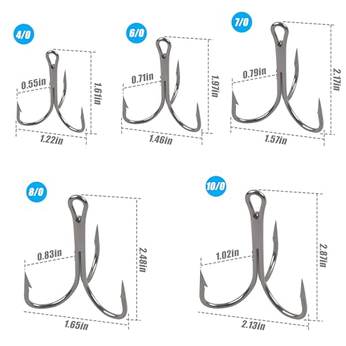 AGOOL Classic Treble Hooks -10/20pcs Saltwater Treble Hooks Silver Triple Barbed Fish Hook for Catfish Bass Trout Freshwater Saltwater Size 4/0-10/0 - size: 8/0-20pcs