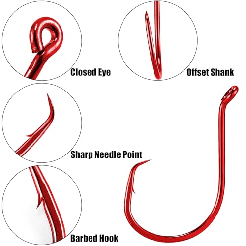 Dr.Fish 100 Pack Octopus Circle Hooks, Saltwater & Freshwater Fishing Hooks, #8-#10/0, Offset, Catfish, Tuna, Striper, Snapper, Bass Fishing - color: Red, size: #1-100 Pack