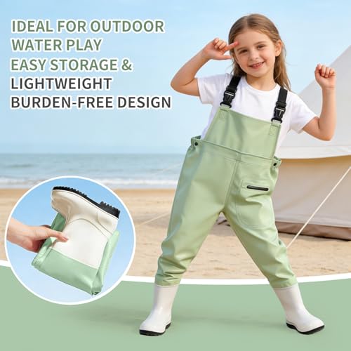 SooGree Kids Chest Wader with Non-Slip Boots,Youth Fishing Hunting Waterproof Waiters, Children Boys Girls Breathable Waders - color: Candy Green, size: Foot length：7.67"；Height：47.24"-51.18"
