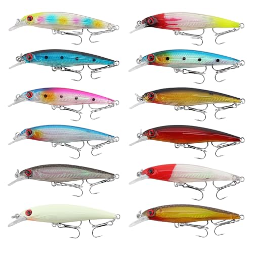 12pcs Suspending Jerkbait Fishing Lures Kit, Minnow Lures Jerk Bait Crankbaits Swimbait, Artificial Hard Minnow Fishing Bait for Bass Trout Pike Walleye Catfish Freshwater Saltwater