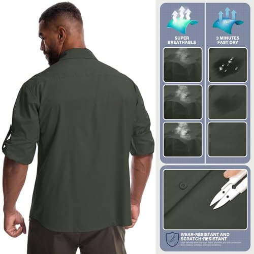 Mens Safari Sun Shirts UPF 50+ UV Sun Protection Long Sleeve Outdoor Quick Dry Fishing Hiking Gardening Shirts - color: 5051 Army Green, size: Large