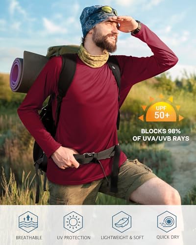 Roadbox Mens UPF 50+ UV Sun Protection Shirts Outdoor Long Sleeve SPF Rash Guard for Fishing Hiking Swimming Running - color: 1 Pack - Beet Red, size: Medium