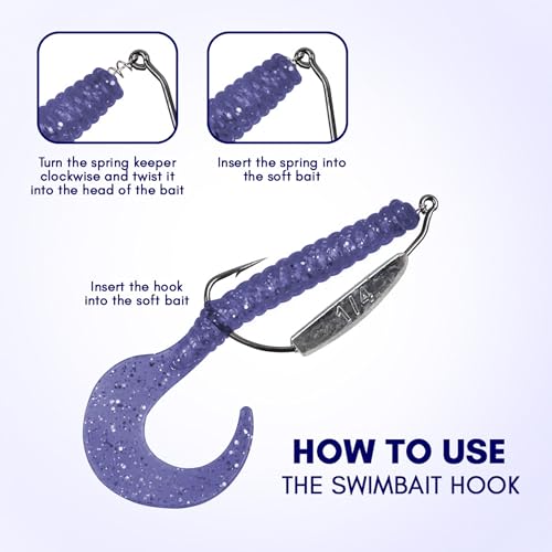 Reaction Tackle Weighted Swimbait Hooks - Weedless Belly Weighted Hooks with Twist Lock Bait Keeper for Soft Plastic Swimbaits - Bass Fishing Hooks (10-Pack) - size: 3/8oz 7/0