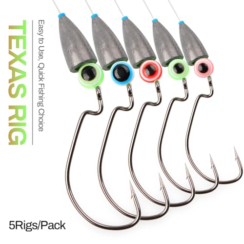 Texas Rigs for Bass Fishing Lures Kit Weights Hooks Lure Rig Rigged Line Leaders for Freshwater with Box - color: 3/0# Hooks-1/4 oz Weight (5pcs)