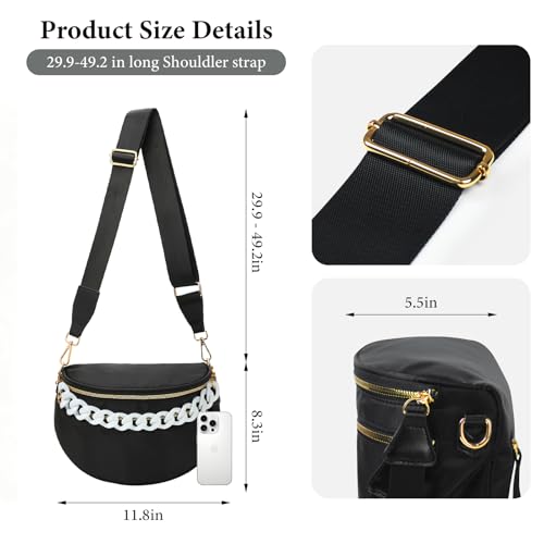 Crossbody Bags for Women, Checkered Bum Bag Crossbody, Spacious Nylon Shoulder Handbag Mom Bag with White Chain (black-white chain) - color: black-white chain