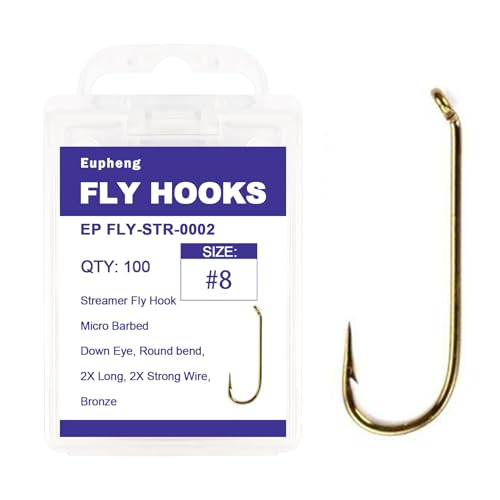 Eupheng Fly Fishing Hooks 100pc Pack Micro Barbed High Carbon Steel Bronze Forged for Dry Flies, Curved Nymphs, Shrimp,Caddis Pupa - color: EP FLY-STR-0002, size: #8