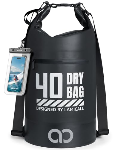 Lamicall Waterproof Dry Bag with Phone Pouch - 5L/10L/20L/30L/40L Floating Roll Top Backpack for Kayaking Boating Beach Camping Fishing - Heavy Duty 500D PVC Marine Dry Sack for Men, Women, Black 40L - color: Black, size: 40L