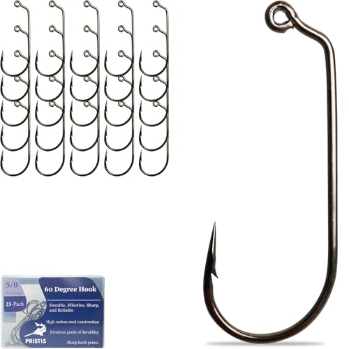 Pristis 25 Pack High Carbon Steel Fishing Hooks, Reinforced EWG Circle Octopus Round Bend 60 Degree Wide Gap Strong Barbed Worm Fish Hook Jig Bait Rig for Saltwater Freshwater Bass Tuna Walleye Trout - color: 60 Degree, size: 5/0
