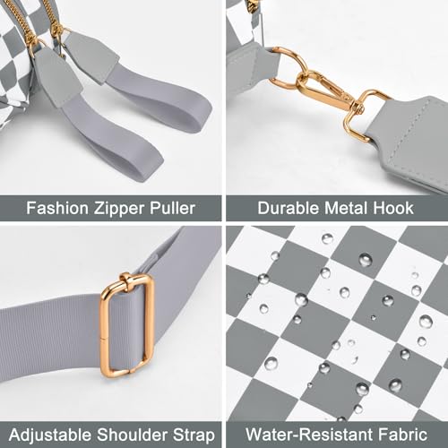 Checkered Nylon Crossbody Bag Bum Bag for Women Mom Large Checkered Fanny Packs with Adjustable Strap - color: Light Grey Checkered