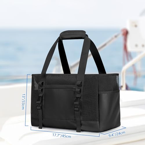 Yarwo Boat Gear Tote Bag, 35.5L Waterproof Boat Accessories Organizer with Marine-grade Coated Mesh and Wet Dry Pockets - color: Black