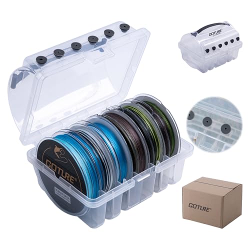 Goture Fishing Line Storage Box 1/2Pcs, 6(2 Large + 4 Standard) Slots Fishing Line Case, PP Clear Visibility Fishing Line Organizer, Silicone Holes Line Spool Box - style: 1set - 1pc Spool Storage Box + 6pcs Fishing Line