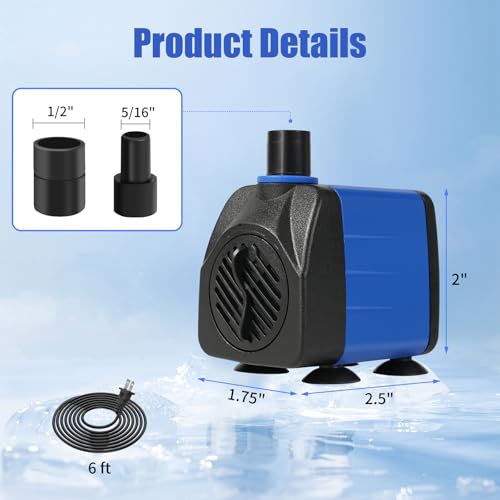 AQUANEAT Small Fountain Pump, 160 GPH Submersible Water Pump for Aquarium Fish Tank, Outdoor Water Fountain, Hydroponics, Pond Filter Pump - size: 160 GPH