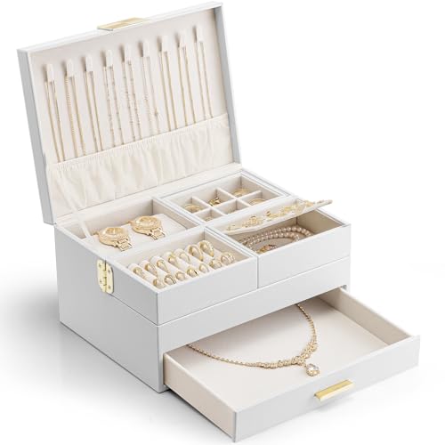 VLANDO 3 Layer Jewelry Box - Women Jewelry Box with Retractable Tray - Jewelry Organizers with Drawer for Necklaces, Rings, Bracelets, Earrings, Gift for Couples Mom Girls - White - color: D.White, size: 3-Layer