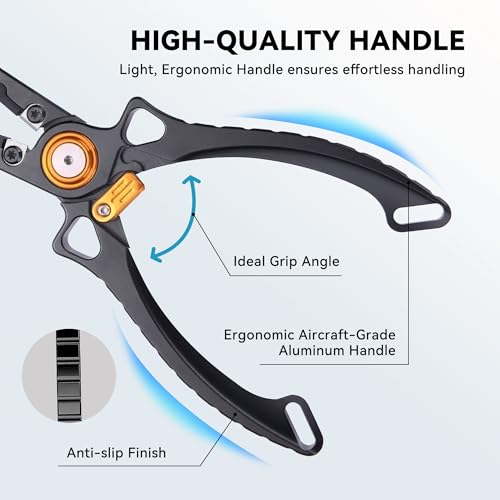 Fishing Pliers Hook Remover, Saltwater Split Ring Pliers with Safety Lock, Fishing Gear with Sheath and Lanyard, Fishing Gifts for Men - color: Black