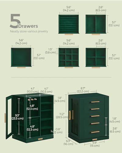 SONGMICS GISELLA Collection - Jewelry Box Organizer 360° Rotating, Vertical Jewelry Storage Case with 5 Drawers, Glass Window, Spacious, Open Design, Great Gift, Forest Green UJBC170C01 - color: Forest Green, size: 5 Drawers (6.3"d X 8.7"w X 11.2"h)