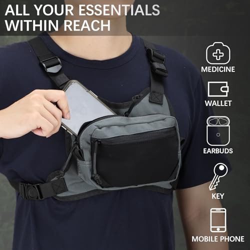 MGFLASHFORCE Chest Bag for Men and Women, Chest Rig Pack Front EDC Pouch Running Vest Phone Holder for Workout, Hiking and Outdoor Sports (Blue) - color: Grey
