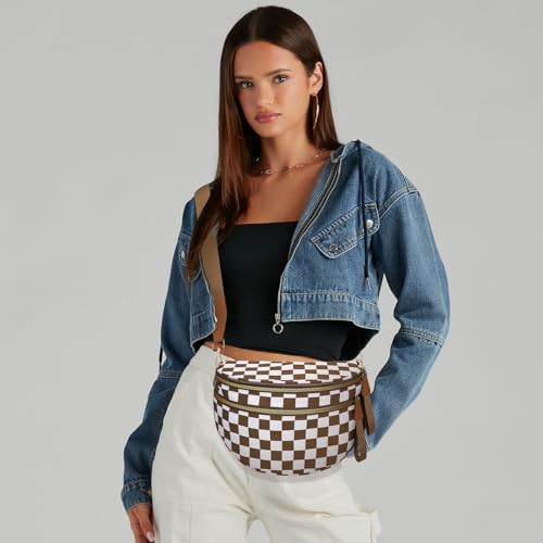 Crossbody Bags for Women, Checkered Bum Bag Crossbody, Spacious Nylon Shoulder Handbag Mom Bag (coffee white checkered) - color: coffee white checkered