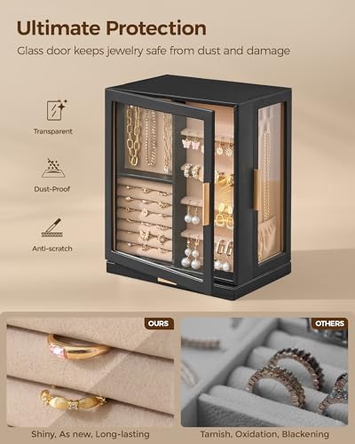 Glimmloop 360° Rotating Jewelry Box with 5 Drawers, Spacious Vertical Jewelry Organizer with Glass Window, Jewelry Storage Case, Dustproof & Moisture-resistant Design, Black - color: Black, size: 5 Drawers (6.2"D x 9.2"W x 11.4"H)